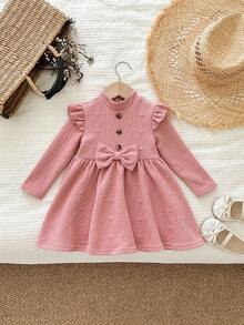 LMoss Kids LMoss Baby Girl Pink Autumn Cute Sweet Birthday Dress,Solid Knit Round Neck Ruffle Hem Long Sleeve Textured Warm Outfit For Christmas Spring Winter - Pink - View 4