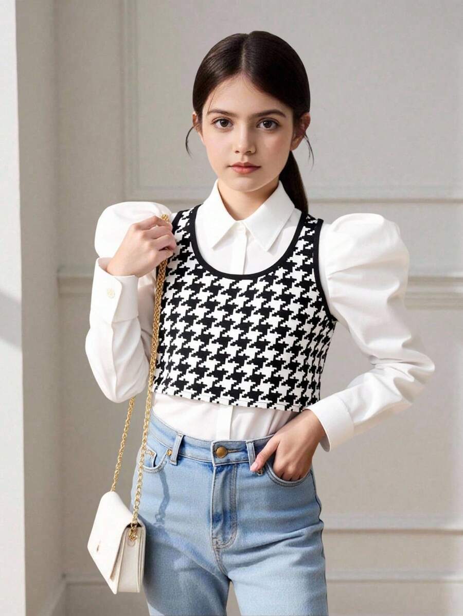 青少年女孩休闲时尚泡泡袖白衬衫和千鸟格背心两件套，返校舒适装 - 白色 - 查看 1