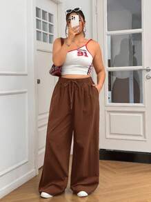 SHEIN EZwear Plus Size Women's Solid Color Drawstring Waist Wide Leg Casual Cotton Pants