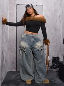 Jeanoix Plus Size Women's Fashionable Vintage Lace-Up Wide Leg Cargo Jeans Punk - Medium Wash - View 7