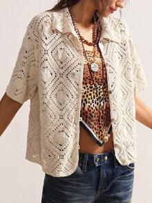 Bohemela Casual Loose Short Sleeve Button-Up Knit Top For Women, Suitable For Everyday Wear - Apricot - View 2