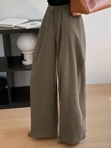 DAZY 女式人字纹羊毛阔腿裤，宽松口袋，秋季休闲街头风格长裤 - 棕色 - 查看 6