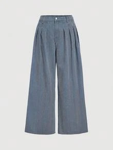 SHEIN MOD 大码女装条纹褶皱阔腿宽松休闲百搭牛仔裤条纹阔腿裤阔腿牛仔裤女宽松牛仔裤超大裤头女式阔腿裤 - 中等水洗藍 - 查看 1