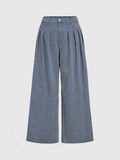 SHEIN MOD 大码女装条纹褶皱阔腿宽松休闲百搭牛仔裤条纹阔腿裤阔腿牛仔裤女宽松牛仔裤超大裤头女式阔腿裤