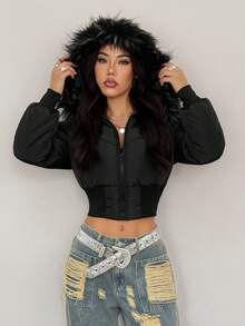 SHEIN PETITE 女士时尚百搭连帽短款夹克，冬季 - 黑色 - 查看 1