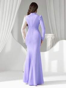 Coutiva High-End Evening Gown Formal Dress With Rhinestone Colorblock Design, Elegant Luxury Quality Fashionable - Mauve Purple - View 2