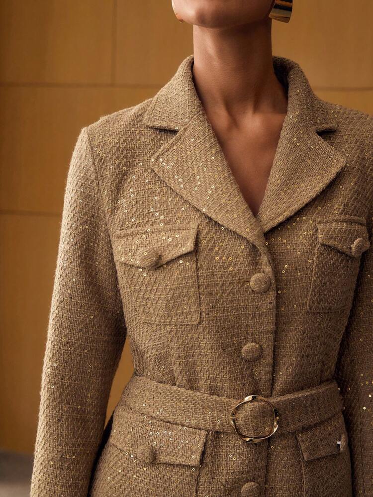 TWEED SEQUINS LAPEL COLLAR FLAP POCKET BUCKLE BELTED OVERCOAT