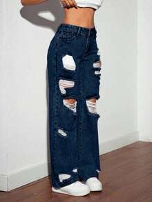 SHEIN Tall 女式深色做旧时尚牛仔裤 - 中等水洗藍 - 查看 3