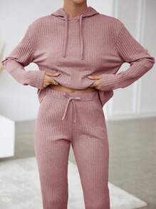 SHEIN Cottnline Women's Hooded Drawstring T-shirt And Pants Set - Dusty Pink - View 6