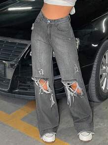 EURMUSE RueChic Casual Dark Grey Distressed Wide Leg Jeans - Dark Grey - View 7