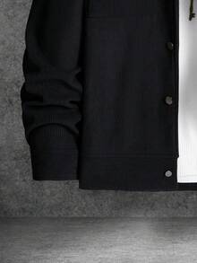 Manfinity Homme 宽松男士长袖翻盖口袋落肩灯芯绒保暖内衬夹克，黑色灯芯绒夹克，街头风，秋冬款 - 黑色 - 查看 3