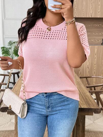 Breezaya Plus Size Casual Hollow Out Round Neck Short Sleeve Tops