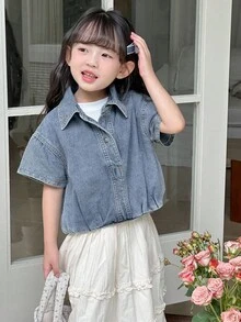 DAZY Young Girl Casual Washed Denim Short Sleeve Jacket - Blue - View 4