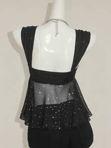 SHEIN ICON Shiny Fabric Asymmetrical Mesh Hem Women's Camisole Black Sparkly Top,Black Tops