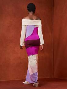 Zivah Vestido largo de una sola manga con cuello vuelto, degradado parcial de color púrpura, blanco y vino tinto, para mujer. Vestido de punto para vacaciones de primavera y verano, fiestas de crucero, citas diarias y de celebridades de internet.