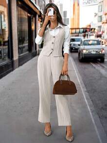 SHEIN Clasi 女装秋季新款无袖背心和西装裤两件套，适合通勤、休闲装、日常搭配 - 卡其色 - 查看 4