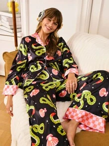 Chillnights Kontrastreiche Satin Damen Pyjama Set, Herbstkleidung