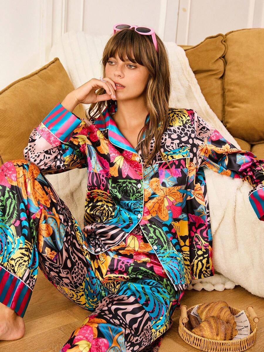 Chillnights 豹纹条纹撞色缎面女士睡衣套装，热带丝滑睡衣套装，秋冬服装 - 彩色 - 查看 1