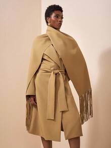 Zivah 2025 Nouvelle arrivée Automne/Hiver, Festival de musique, Saison de remise des diplômes, Style universitaire, Vêtements d'étudiant, Décontracté quotidien, Vacances, Plage, Streetwear, Élégant pour le trajet, Manteau à revers, Manteau à ceinture à la taille, Écharpe à franges, Manteau kaki long