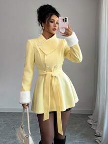 Elenzga Women's Asymmetric Collar Design With Fur Cuff, Cinched Waist Waist Elegant Overcoat For Daily Commute - Yellow - View 1