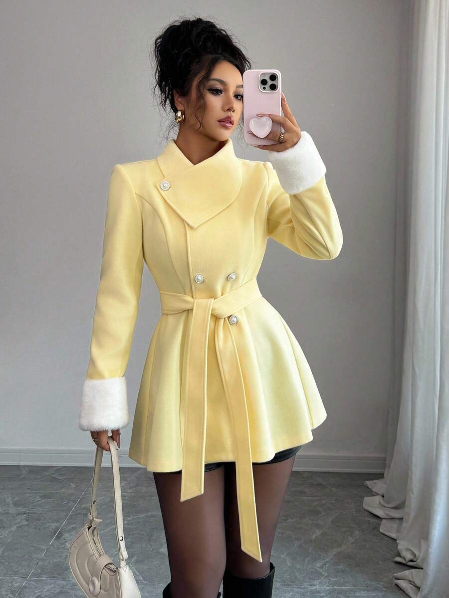 Elenzga Women's Asymmetric Collar Design With Fur Cuff, Cinched Waist Waist Elegant Overcoat For Daily Commute - Yellow - View 1