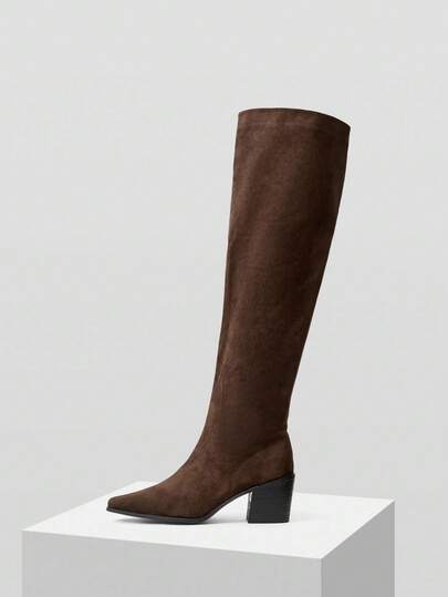 Mnmlis Botas altas por encima de la rodilla de tacón alto y punta afilada color caqui para otoño/invierno, botas altas de montar con forro térmico cálido para mujeres