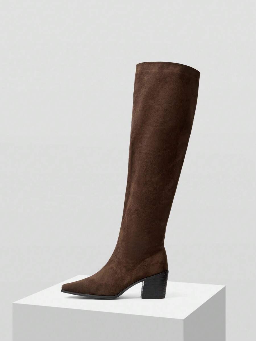 Mnmlis Autumn/Winter Fashion Pointed Toe High Heel Khaki Over-The-Knee Boots, Warm Thermal Lined Tall Riding Boots For Women For Christmas - Brown - View 1