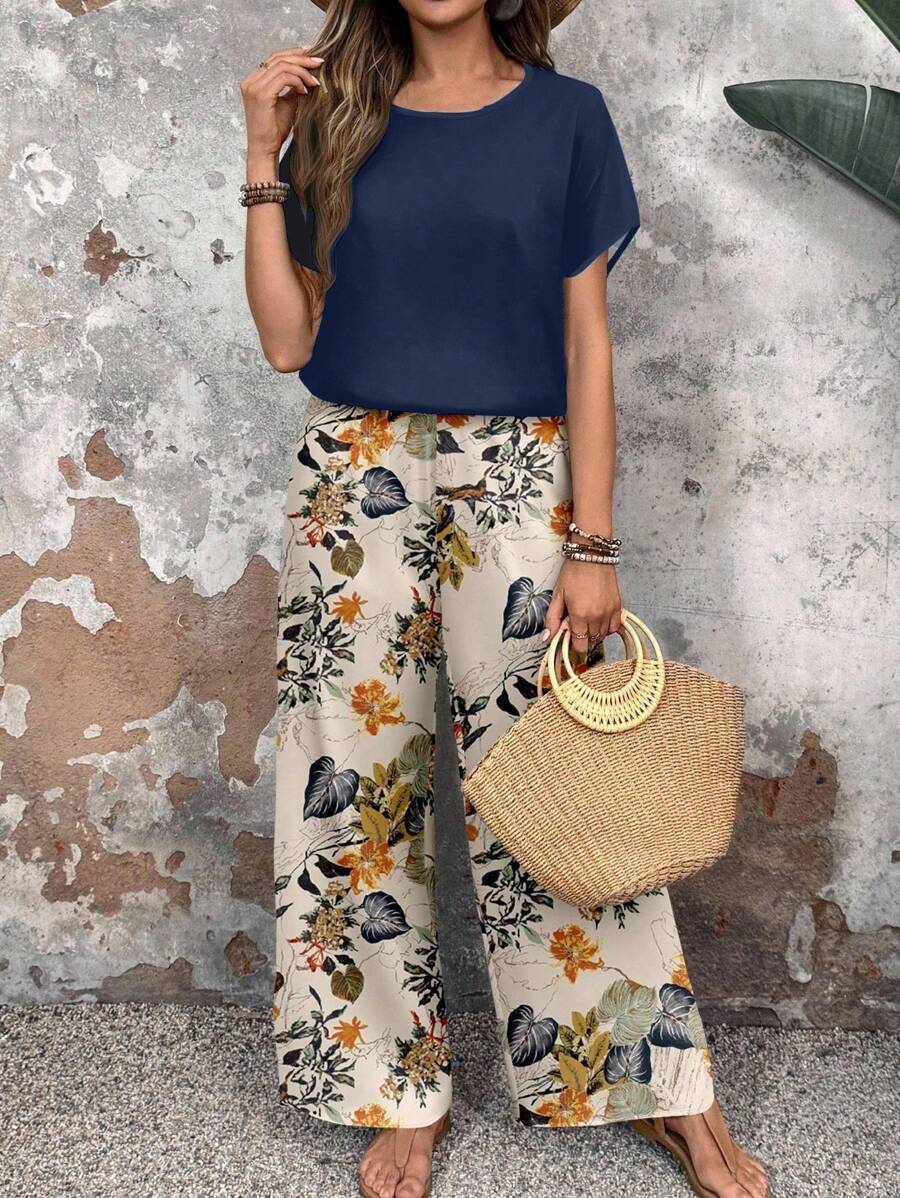 EMERY ROSE 2pcs/Set Women Casual Floral Pattern Round Neck Top And Loose Pants, Versatile For Autumn & Summer Women Wide Leg Pants Floral Pants