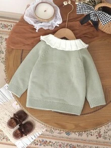 SHEIN Vintaside Kids 1pc Baby Girls' Pink Ruffle Collar Cardigan Sweater Jacket, Animal Embroidery Long Sleeve Casual Outerwear Baby Cardigan Baby Girl Cute Sweater Jacket Newborn Cardigans Baby Chicken Sweater Baby Rooster Cardigan Baby Chicken Cardigan Baby Farm Clothes Goose Baby Outfit Fall Winter - Green - View 2