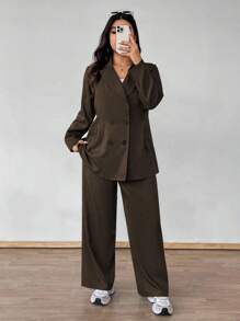 Vionelle Plus Size Women Solid Color Lapel NeckLong Sleeve Double-Breasted Jacket And Pants Casual Suit Set Fall Cloth For Women Autumn