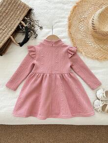 LMoss Kids LMoss Baby Girl Pink Autumn Cute Sweet Birthday Dress,Solid Knit Round Neck Ruffle Hem Long Sleeve Textured Warm Outfit For Christmas Spring Winter - Pink - View 2