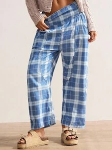 Bohemela 女士休闲梭织格子宽松裤 - 淺藍色 - 查看 2