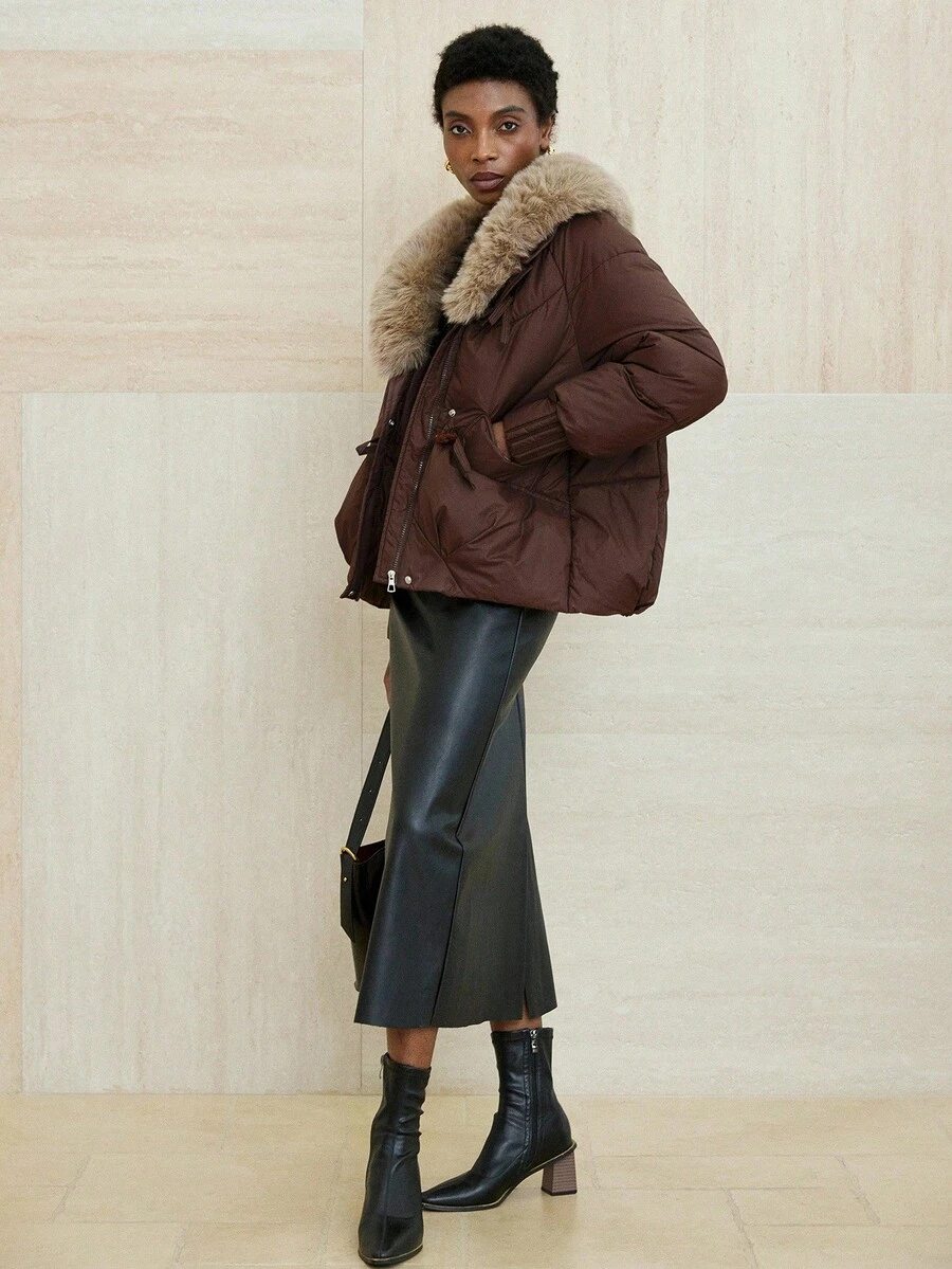 Aveloria Modichic Premium gepolsterter Mantel mit abnehmbarem Fellkragen, kurzer Stil, hochwertiger Wintermantel für Frauen - Kaffeebraun - Übersicht 1