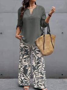 EMERY ROSE 2 件大码女式套装：纯色卷袖衬衫和植物印花裤 - 灰色 - 查看 5