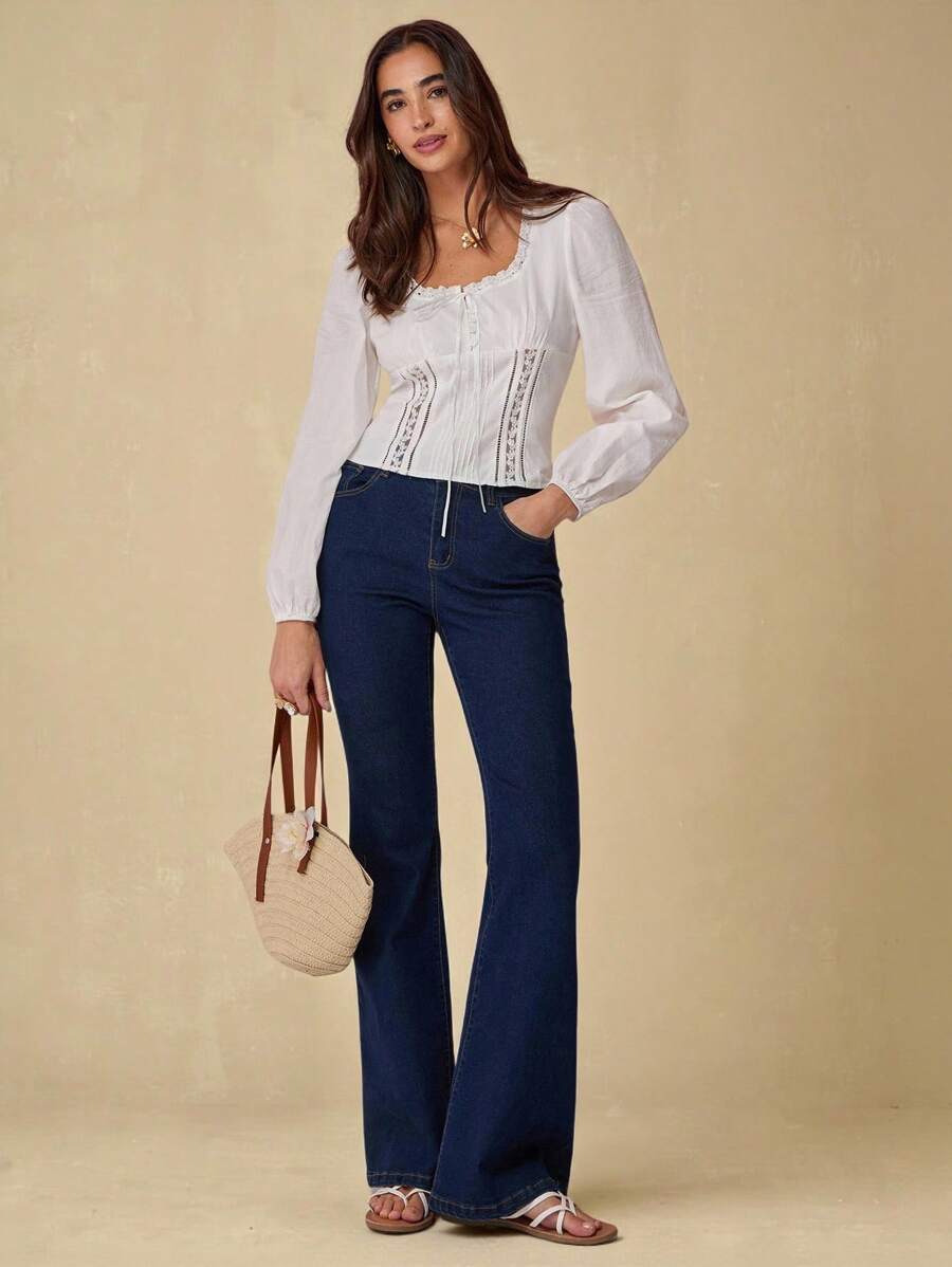 Enchnt Autumn And Winter Romantic Women Elegant Commuter White Lace Trim Square Collar
Puff Sleeves  Blouse, Suitable For Vacation,Sweet&Date&Holiday&Graduation&Beach,Fall Blouse For Women,Fall Clothes,Bohemian Clothes