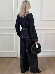 Livesso Women's Lapel Jacket And Loose Fit Jeans Set - Blue - View 2