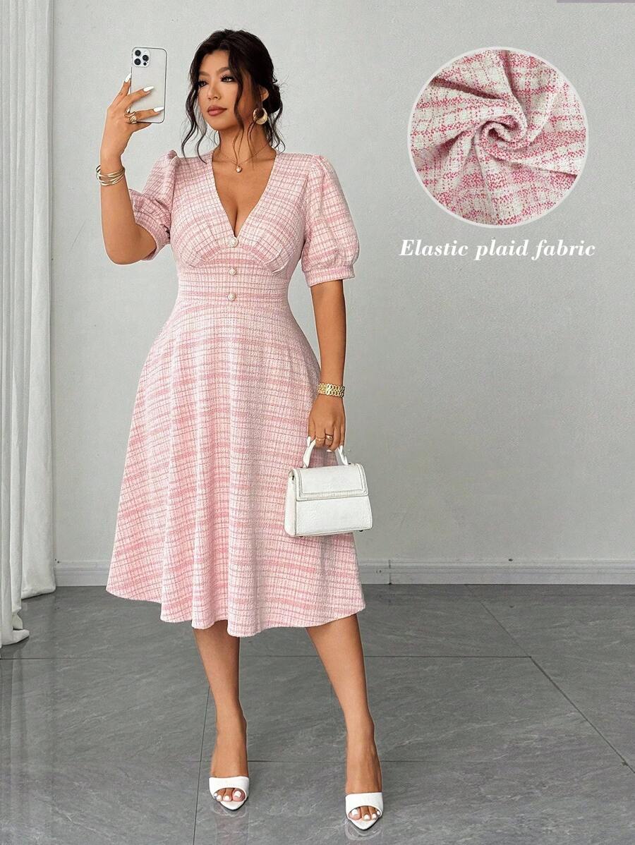 Elenzga 大码女式优雅浪漫V领短袖迷你连衣裙