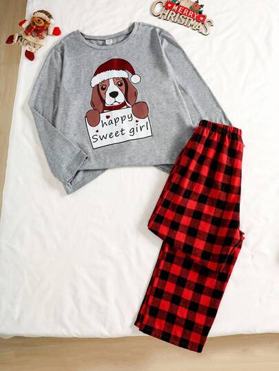 2 piezas Conjunto de pijama casual de pantalón y blusa de manga larga con estampado floral y a cuadros para niñas, cómodo para primavera y otoño