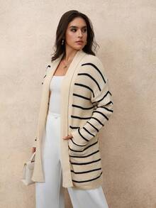 Juhart Cardigan rayé à épaules tombantes en tricot décontracté bicolore pour femmes grande taille - Nude - Voir 5