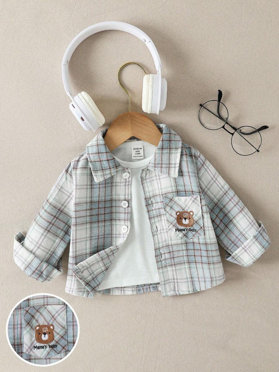 SHEIN Baby Boy Cute Beige Bear Embroidery Plaid Long Sleeve Shacket,Fashionable Autumn Button Up Shirt,Casual Fall Winter Jacket For Daily Outings,Club - Multicolor - View 1