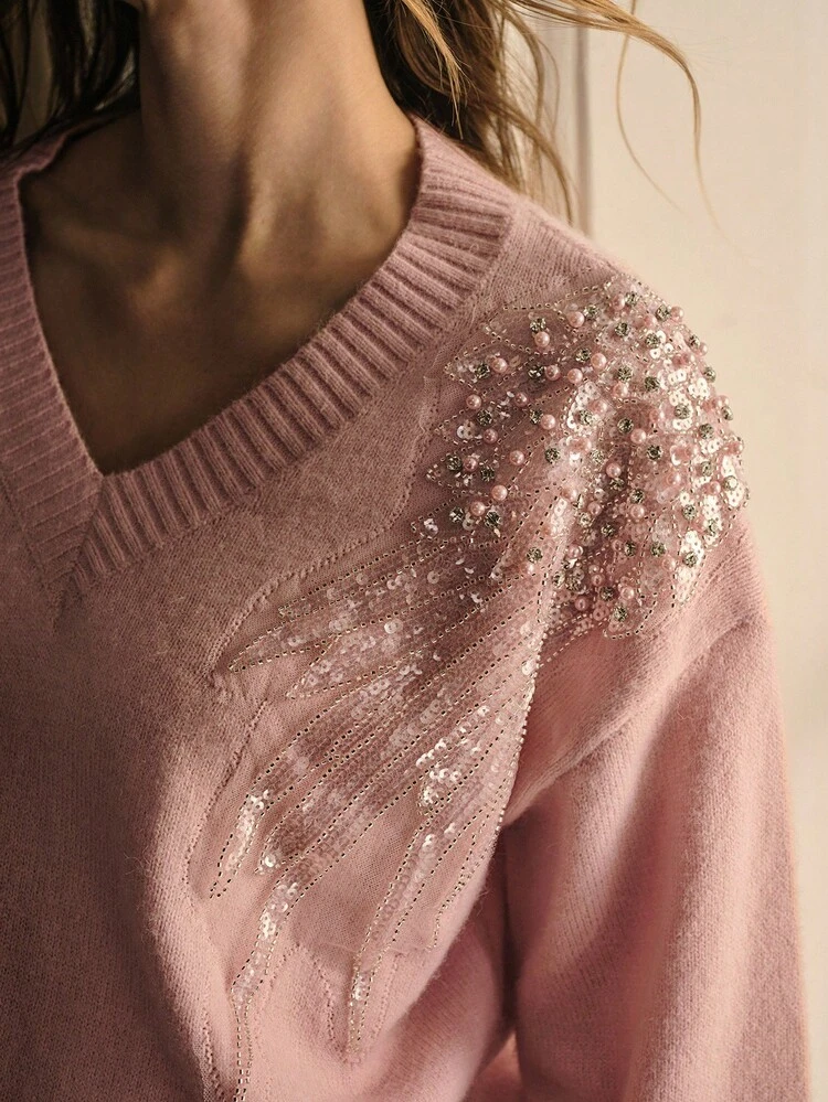 HANDMADE RHINESTONE DETAIL V-NECK KNIT SWEATER