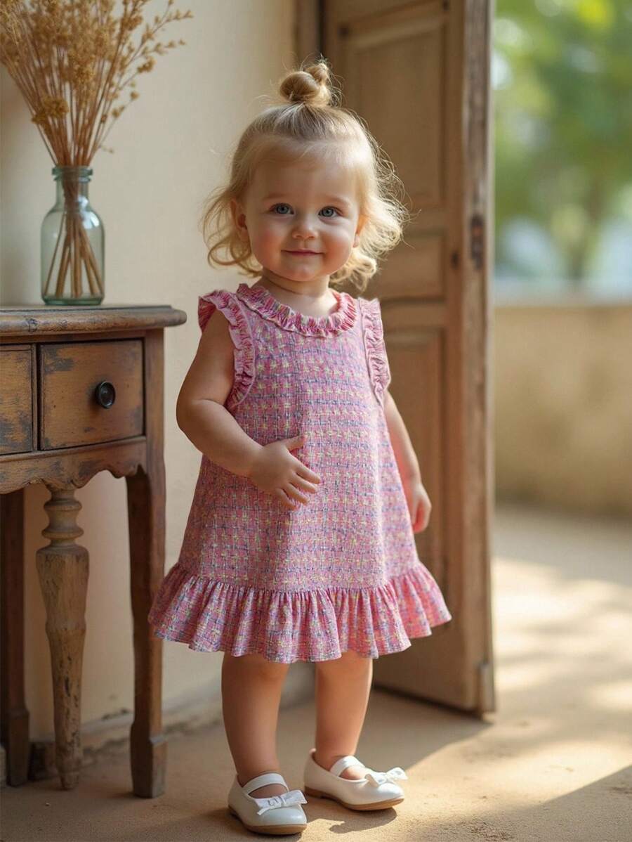 SHEIN Baby Girls' Ruffle Round Neck Sleeveless A-Line Dress. The Neckline And Sleeve Cuffs Are Designed With Ruffles, Making The Entire Dress More Lively And Cute. The Round Neckline Design Is Classic And Elegant, The Sleeveless Style, And The Ruffle A-Line Hemline Add An Elegant Touch. The Loose Fit Is Suitable For Babies Of Various Builds. This Dress Is Suitable For Various Occasions. - Multicolor - View 1