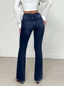 EURMUSE 98%Cotton Washed Slant Pocket Casual Flare Jeans - Dark Wash - View 2