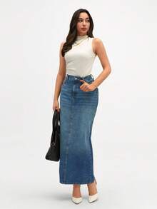 CLARA VERO Women's Pocketed Straight Loose Casual Long Denim Skirt - Dusty Blue - View 4