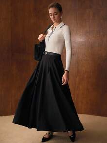 MOTF PREMIUM RIB-KNIT CONTRAST TRIM POLO COLLAR SWEATER