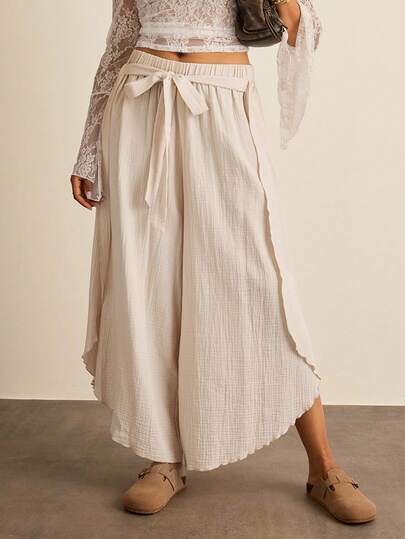 SHEIN VCAY Plus Size Women's Solid Color Casual Loose Waist Tie Knot Wide Leg Pants Work Pants Wide Leg Pants Woman Fall Clothes For Women Winter Clothes For Women Business Casual Woman Fall Clothes Plus Size Boho Rave Fairycore Office Autumn Festival Alt