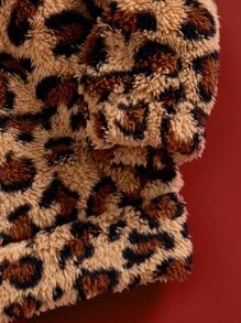 Paul Frank X SHEIN 年轻女孩休闲豹纹刺绣宽松落肩羊毛衫，棕色，秋冬 - 巧克力棕 - 查看 5