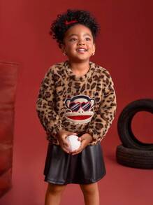 Paul Frank X SHEIN 年轻女孩休闲豹纹刺绣宽松落肩羊毛衫，棕色，秋冬 - 巧克力棕 - 查看 7