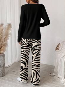 SHEIN LUNE Women's Colorblock Zebra Print Round Neck Long Sleeve 2 Pieces Set, Suitable For Autumn/Winter