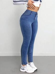 SHEIN Tall CURVE 大码女款蓝色牛仔弹力紧身裤 - 中等水洗藍 - 查看 4